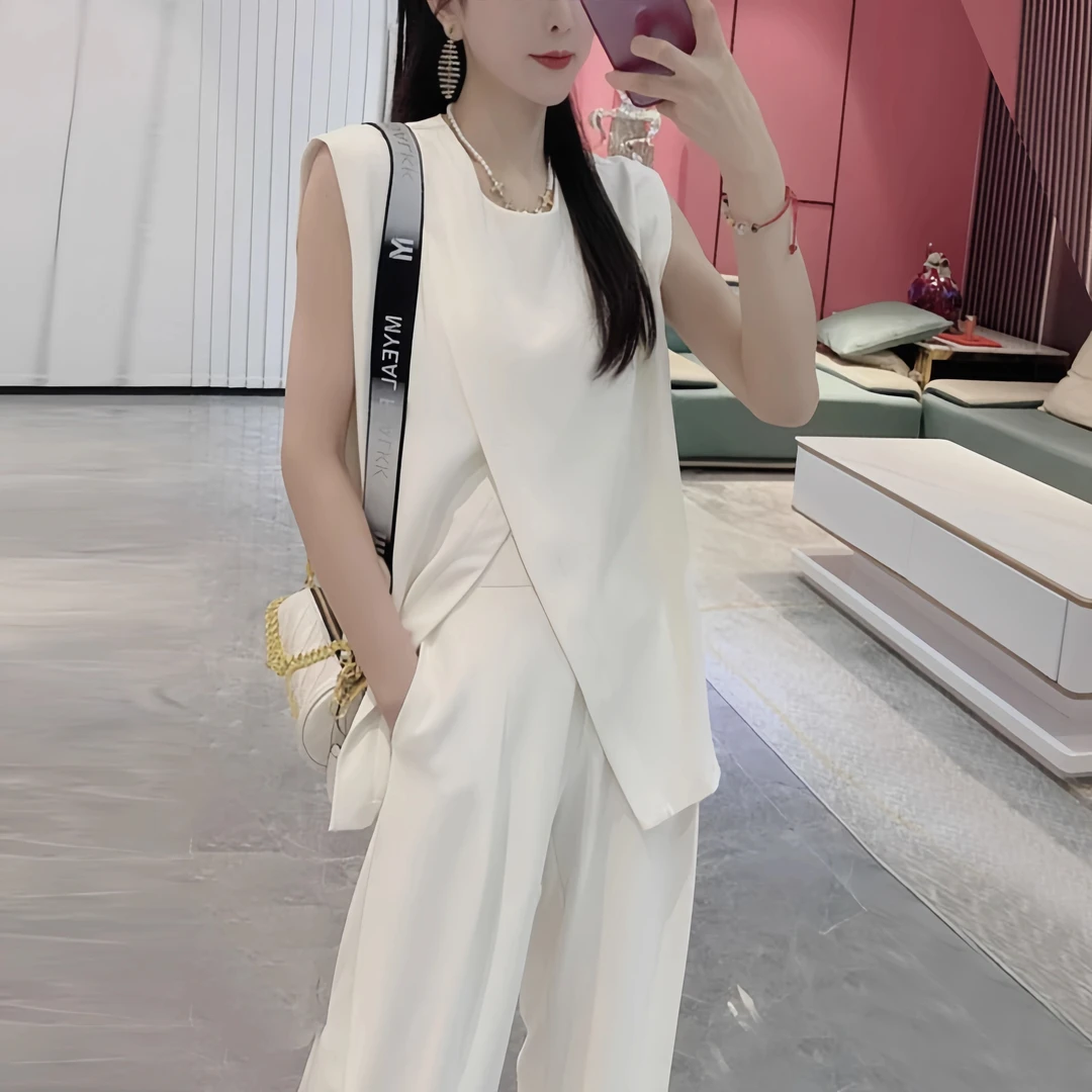 欧货漂亮时尚套装女夏季设计感开叉无袖上衣高腰阔腿长裤子两件套