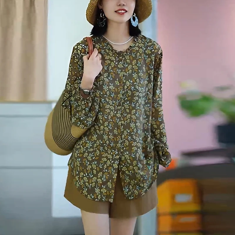 碎花妈妈衬衫长袖女士2025早秋新款宽松遮肉大码复古别致洋气上衣