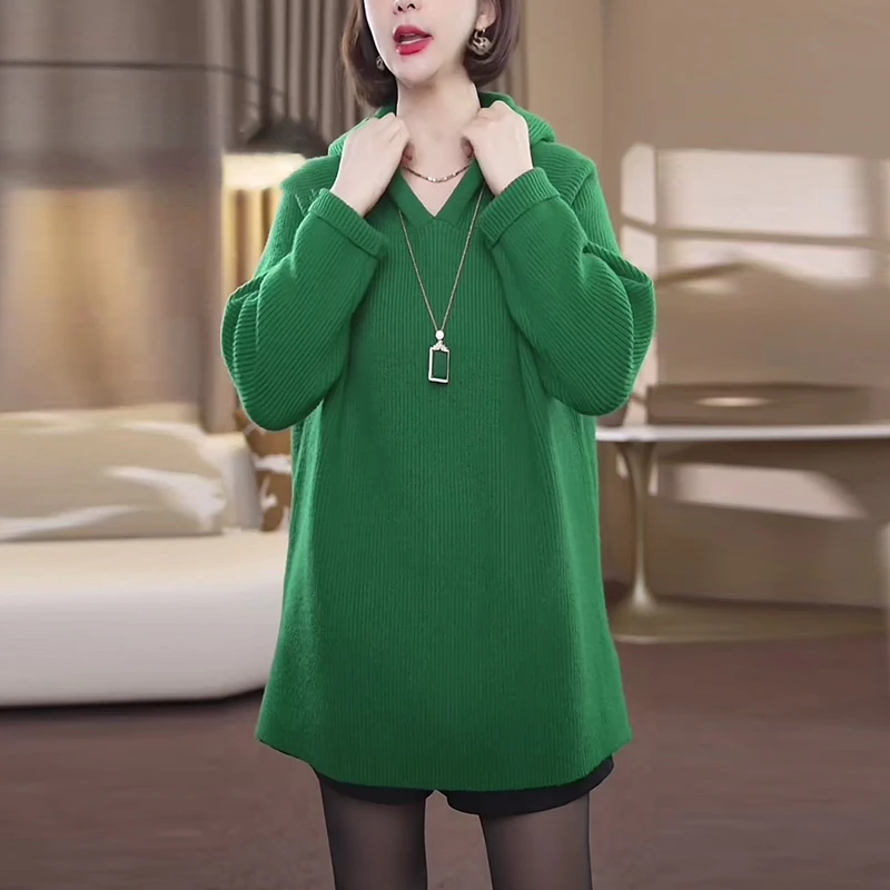 绿色连帽毛衣女士早秋季洋气减龄大码宽松中长款遮屁股针织衫上衣