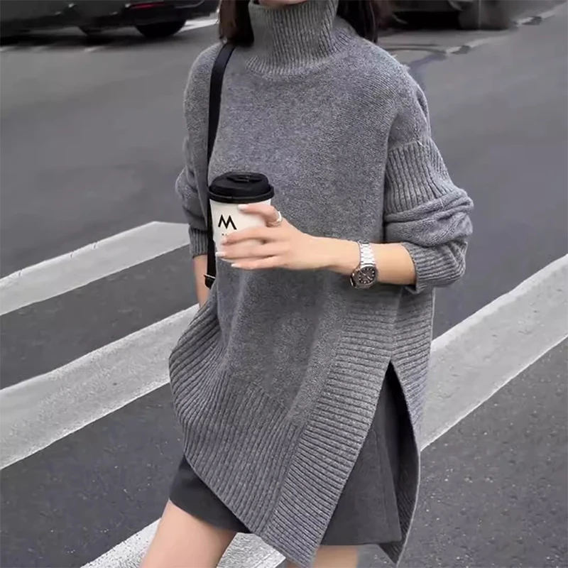 中长款高领毛衣女早秋季慵懒风宽松加厚设计感内搭打底针织衫上衣