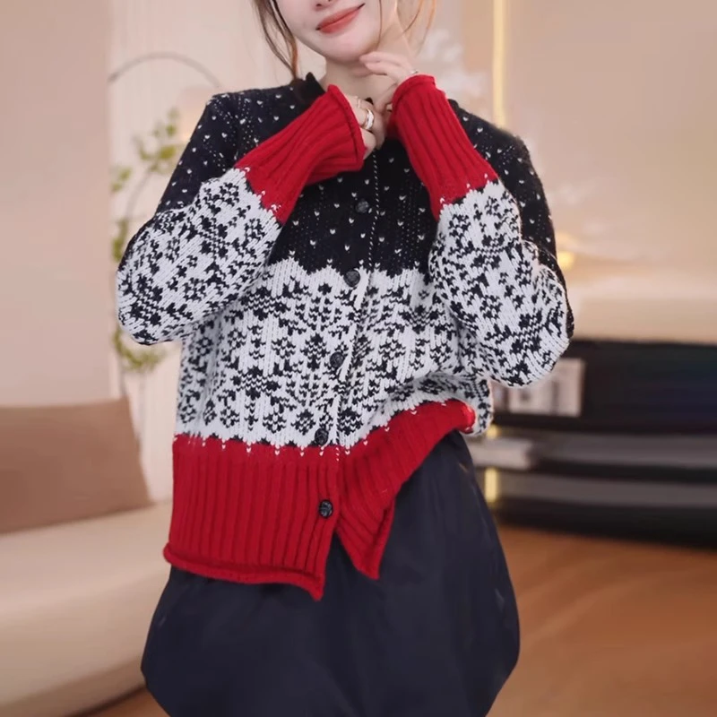 拼色毛衣开衫外套女秋冬季慵懒高级感软糯洋气减龄针织衫外穿上衣