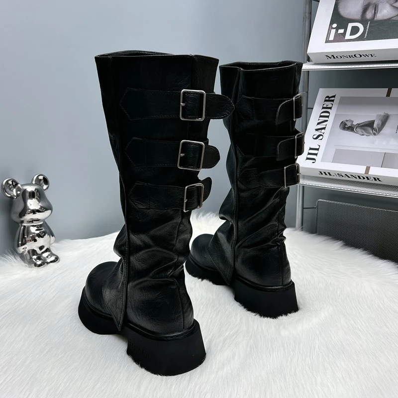 骑士靴女厚底欧美西部皮带扣堆堆靴2024秋冬新款棉靴百搭马丁靴子