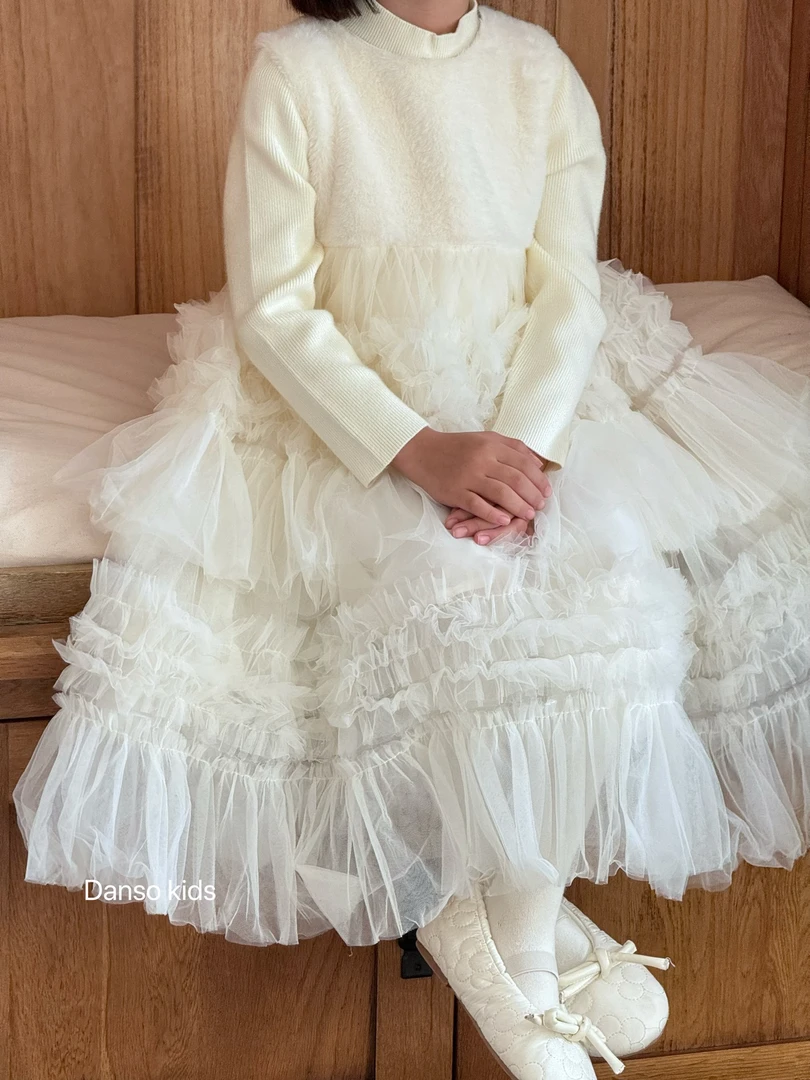 D家正品女童连衣裙2024冬小香风毛呢拼接网纱儿童公主裙内搭