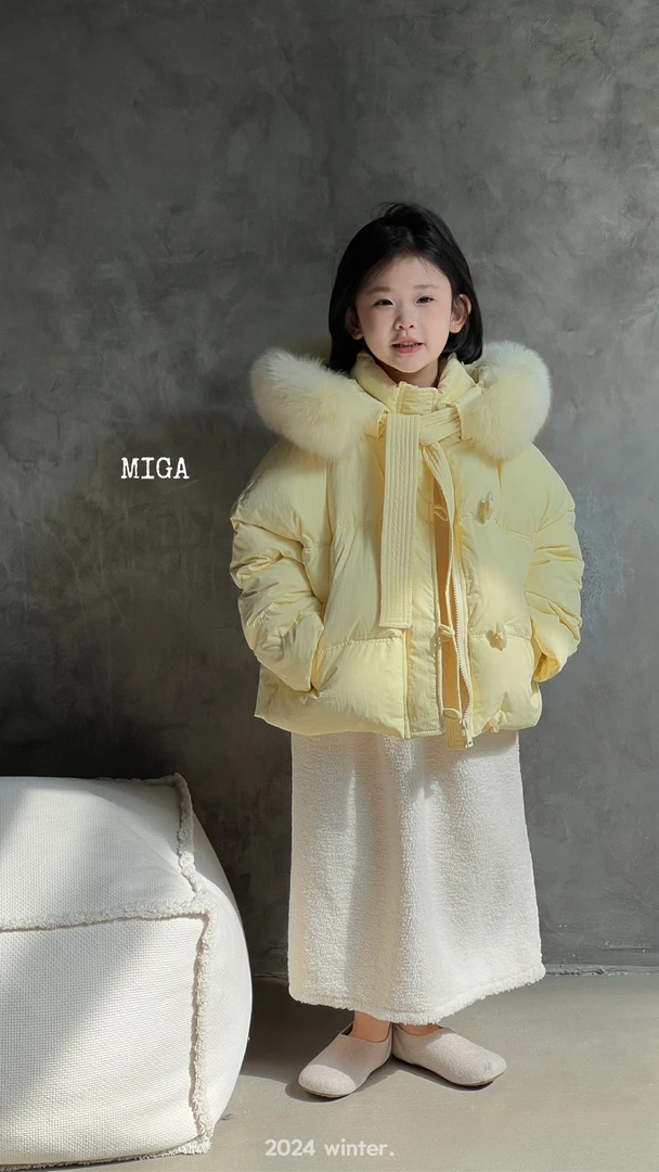 觅加正品儿童狐狸毛领羽绒服女童绑带白鸭绒黄色外套时尚短款