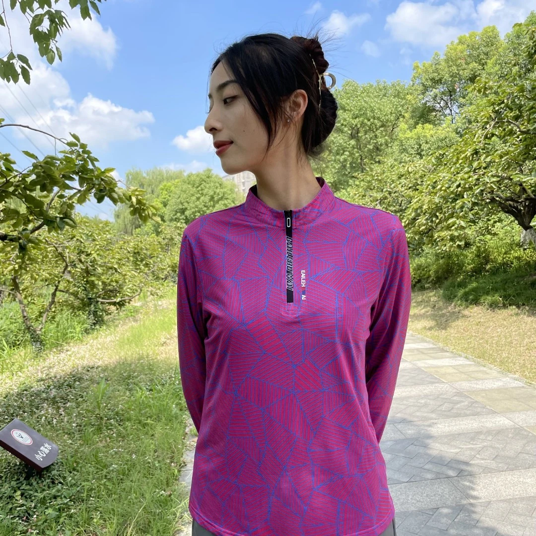 22C58印花户外速干衣女长袖T恤女春立领跑步透气运动休闲长袖T恤