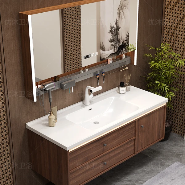 新中式胡桃木浴室柜陶瓷一体盆洗漱台卫生间洗手台洗脸盆吊柜组合