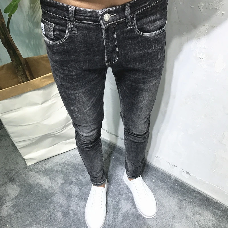 潮流时尚简约百搭黑灰色猫须牛仔裤男韩版修身小脚裤水洗弹力长裤