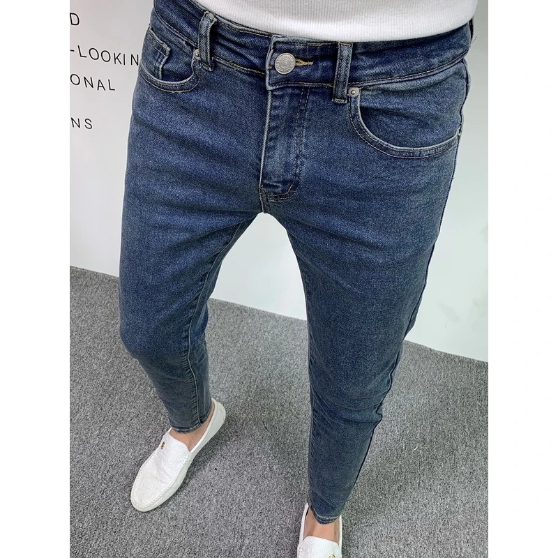 2025韩版水洗蓝色牛仔裤男潮牌修身小脚简约弹力休闲春夏男士九分