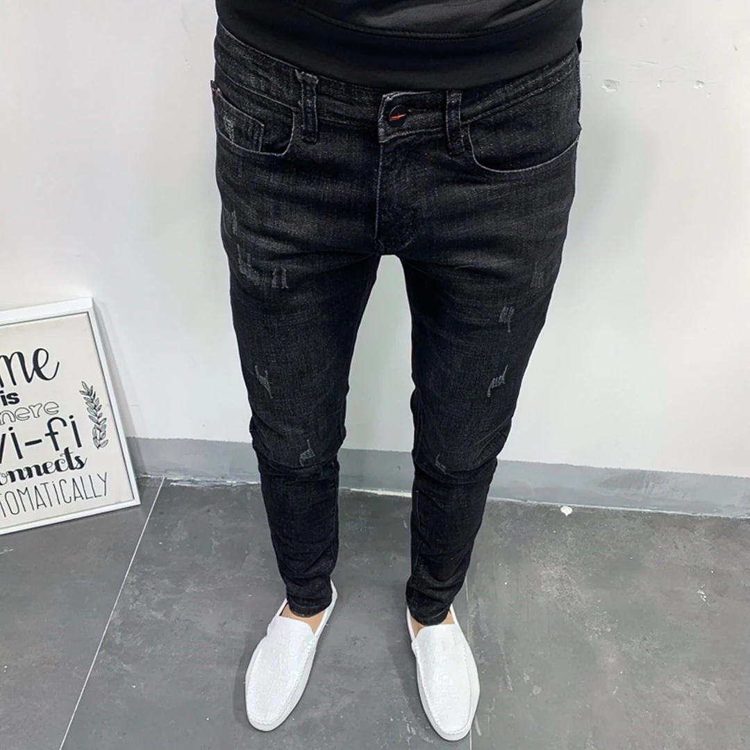 潮牌男士牛仔裤秋冬款黑色韩版潮流修身小脚裤弹力休闲水洗长裤子