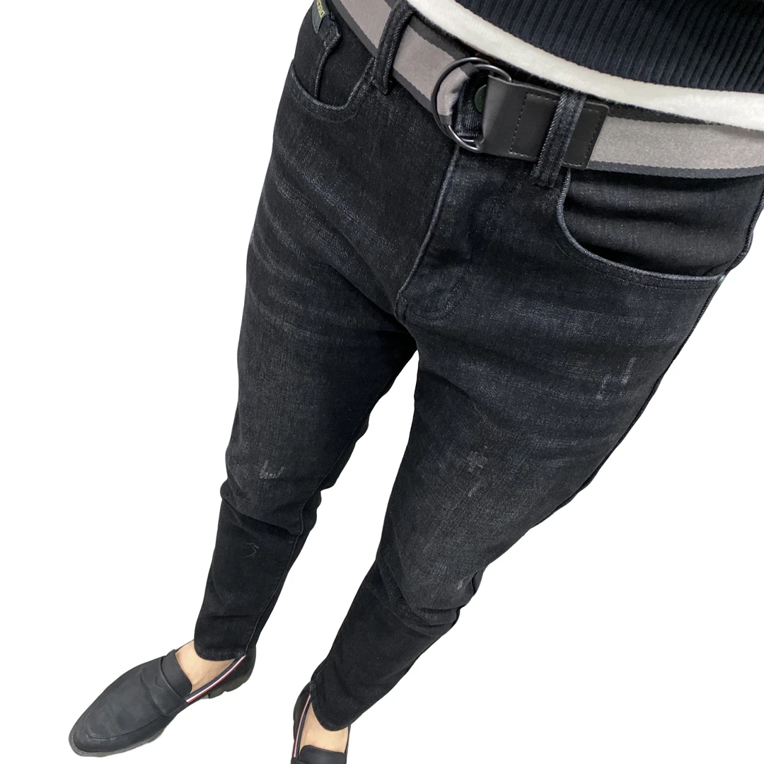 冬季加绒加厚保暖黑灰牛仔长裤男潮流时尚百搭修身小直筒水洗弹力