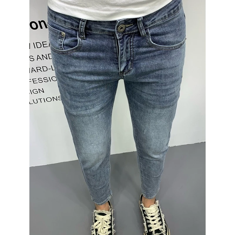 2025夏季薄款浅色修身小脚牛仔裤男士韩版潮流百搭弹力休闲九分裤