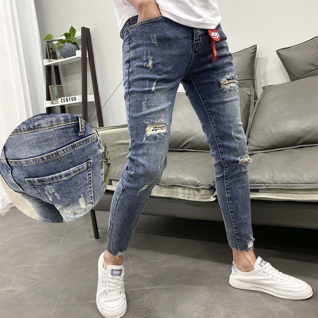 潮流时尚个性乞丐破洞牛仔裤男韩版修身小脚夏季新款弹力百搭九分