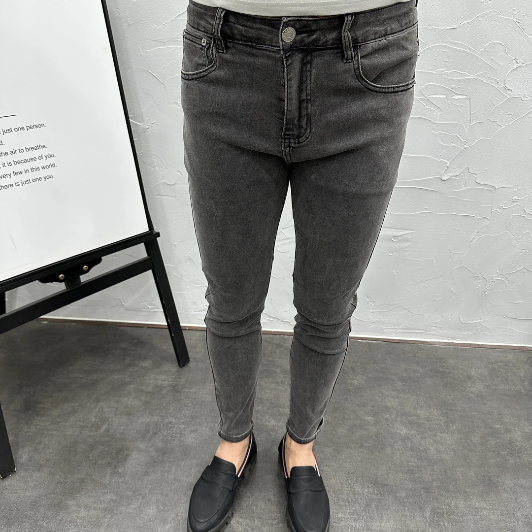 春夏新款潮流时尚百搭黑灰紧身九分牛仔裤男韩版修身小脚水洗弹力