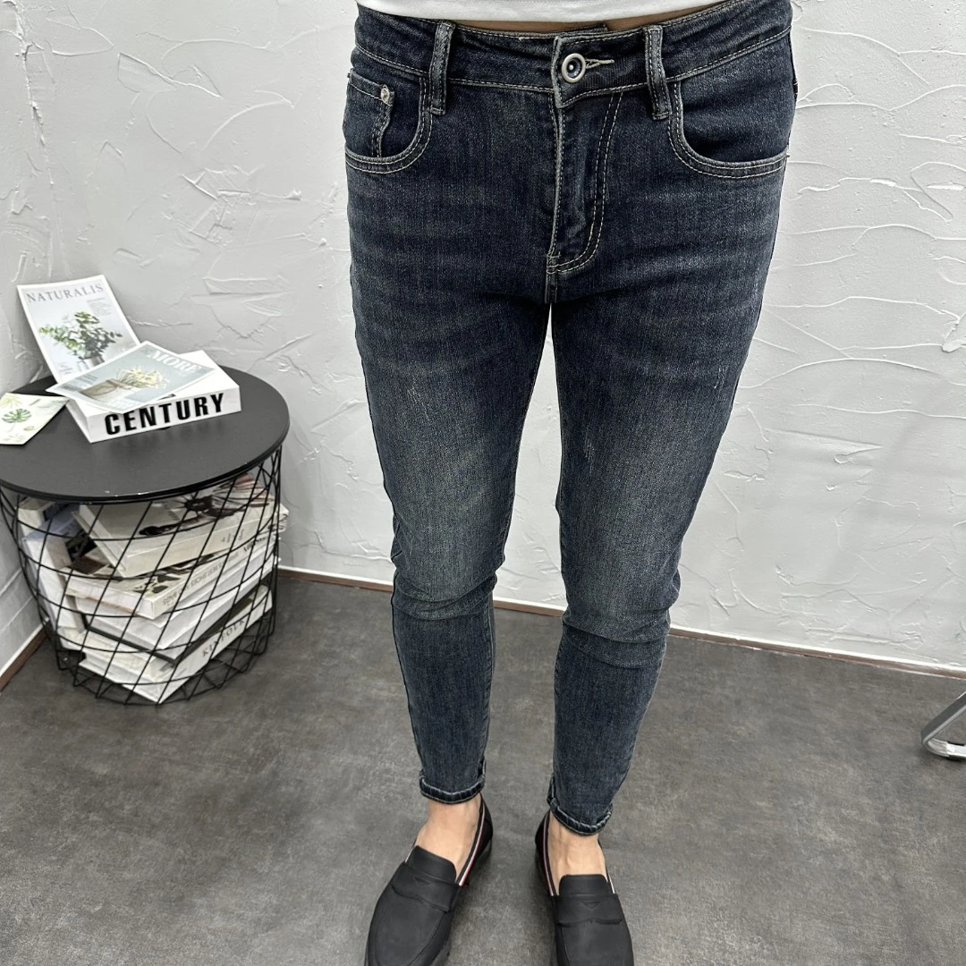 2025春夏新款潮流时尚百搭高端水洗蓝灰紧身牛仔裤男修身小脚长裤