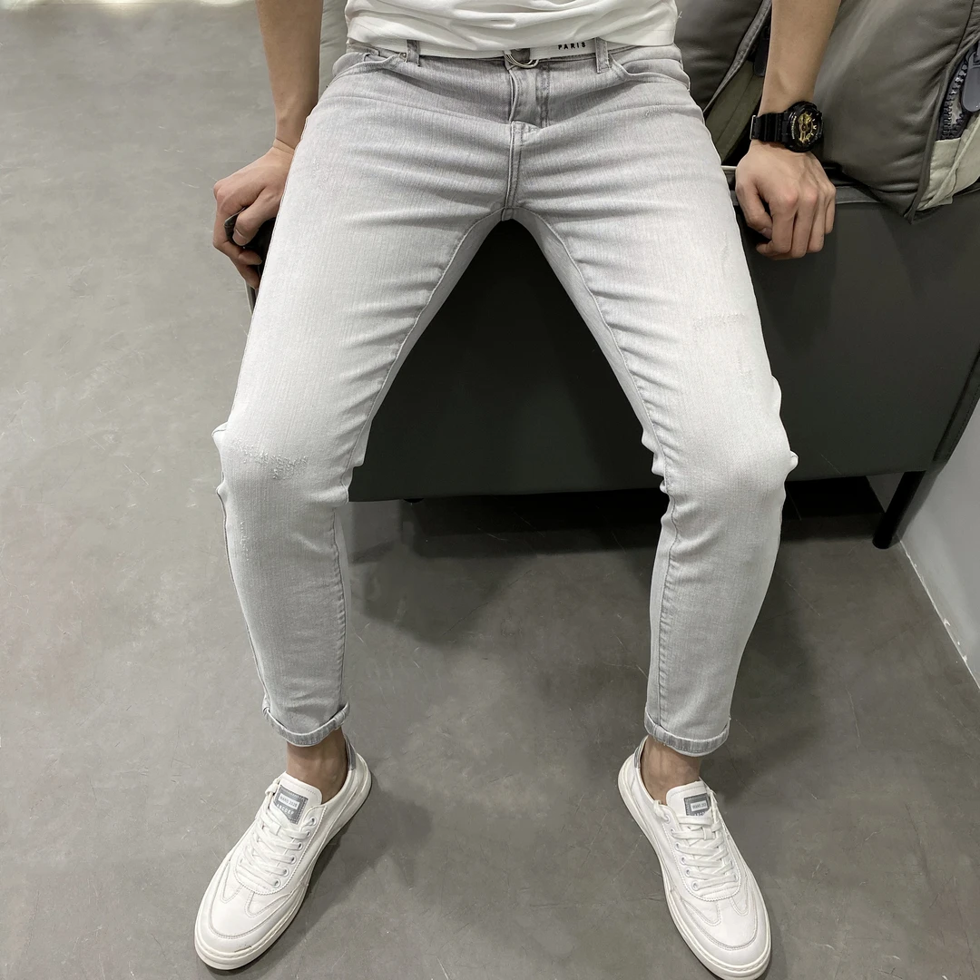ins浅石灰修身弹力小脚牛仔裤男 潮牌夏薄新韩版休闲社会网红百搭