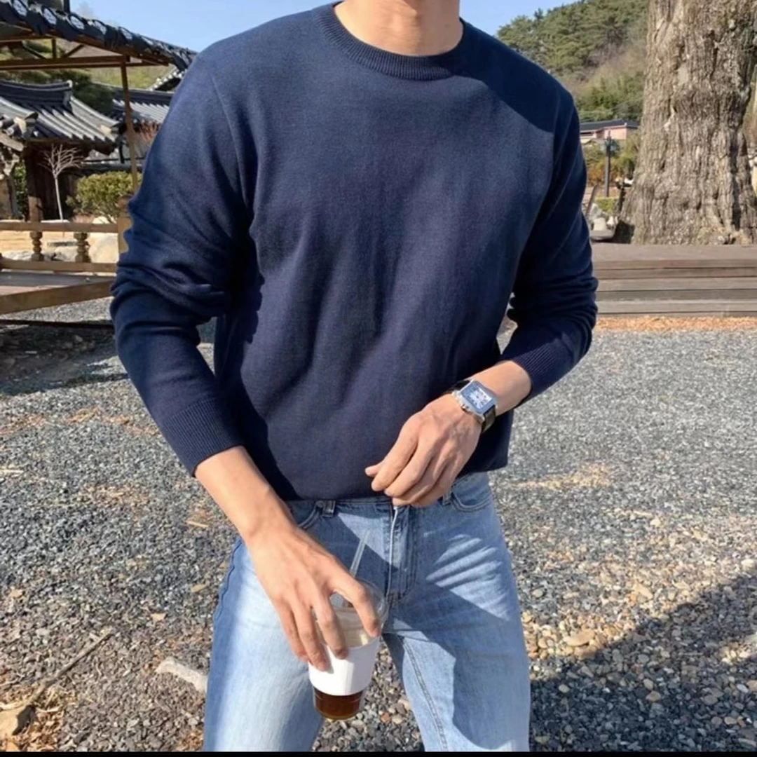 新款精纺100%羊毛衫秋冬男士圆领薄款长袖时尚休闲宽松羊毛衫男款