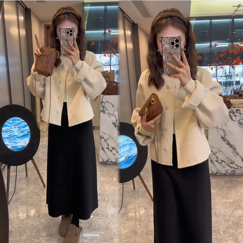 2025秋冬新款纯色毛呢单排扣大衣外套搭黑色半身裙两件套气质显瘦