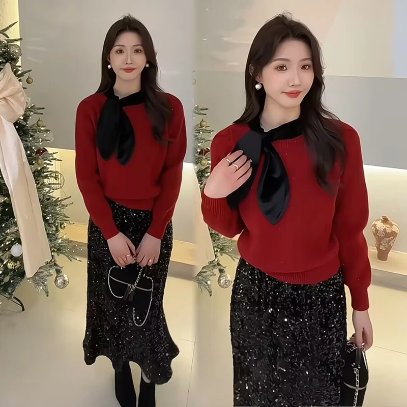 2026新年款针织衫侧边垂耳领结搭黑色闪片半身裙设计感显瘦