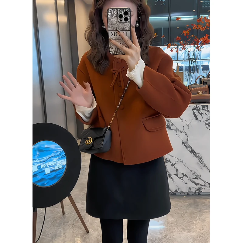 高智感蝴蝶结减龄大衣外套小个子修身显瘦短裙套装裙子套装两件套