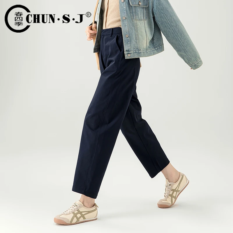 冬季女裤镰刀裤休闲裤2025新款九分哈伦手熨裤宽松舒适藏蓝色裤子