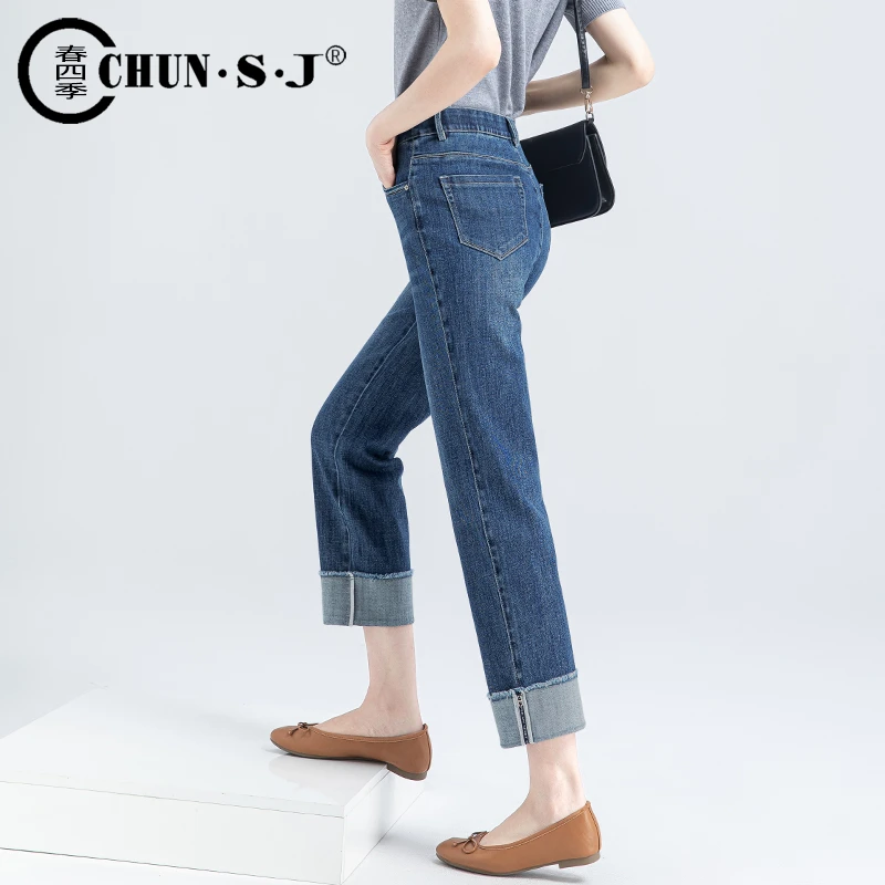 窄版卷边直筒牛仔裤女2024年新款春夏高腰显瘦宽松烟管裤九分裤子