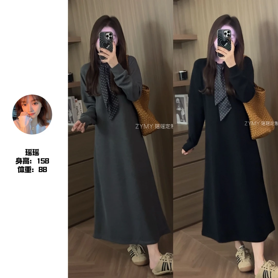 【百搭焦点】冬款时尚波点领结丝巾宽松显瘦连衣裙长裙