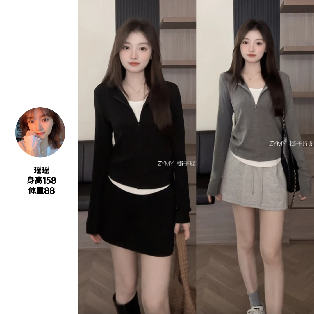 【层次搭配】早秋v领假两件设计感显瘦掐腰上衣
