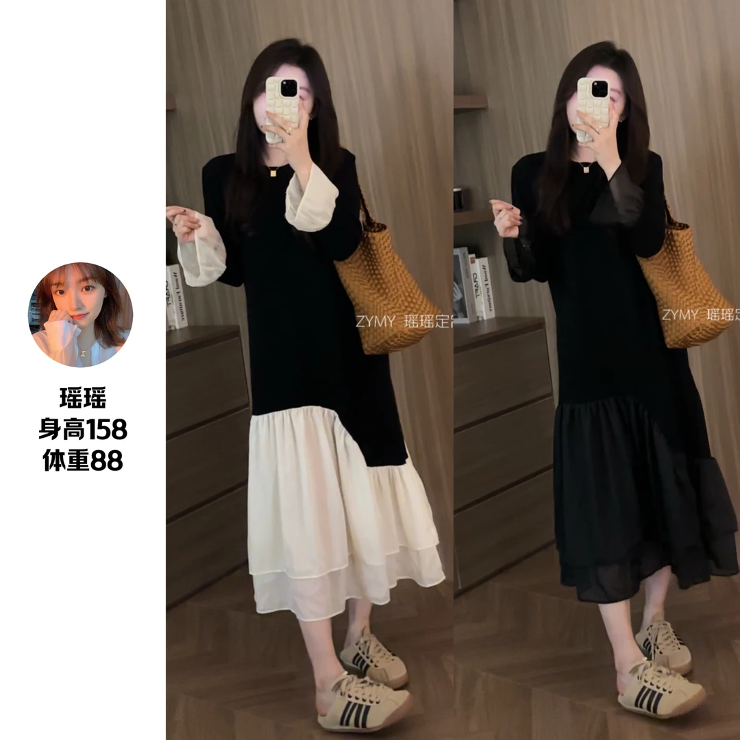 【冬日幻曲】设计感不规则撞色拼接连衣裙宽松显瘦圆领长裙