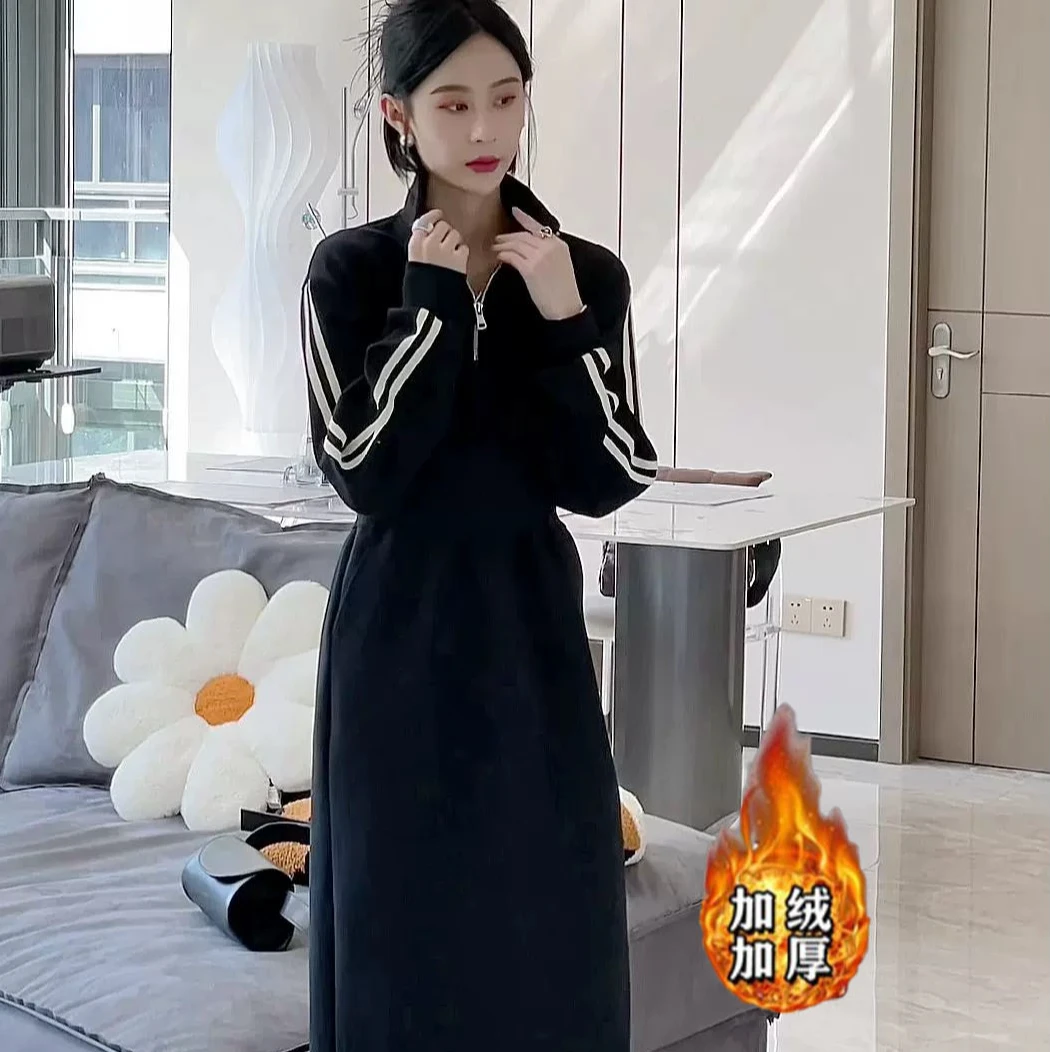 秋季女装新款立领长袖卫衣连衣裙女洋气百搭收腰显瘦中长款裙1647