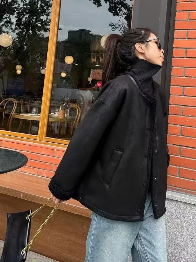 秋冬新款简约圆领单排扣中长款皮毛一体外套