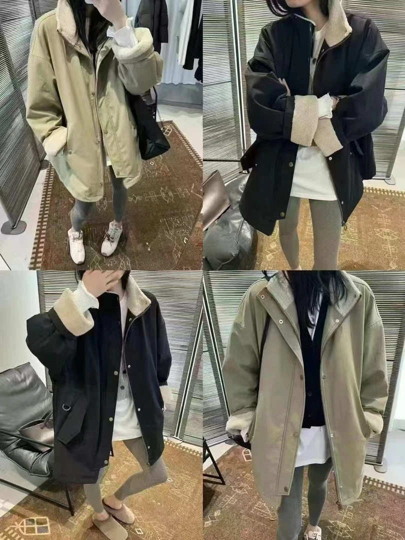 复古黑色毛茸茸翻领中长款工装外套女加厚宽松保暖