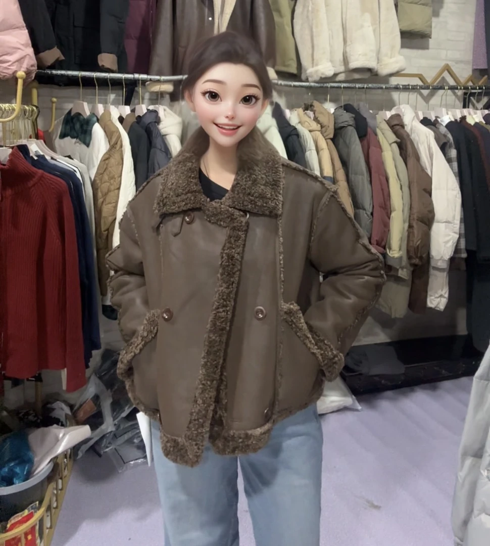 美式复古风皮毛一体外套冬季厚款短外套