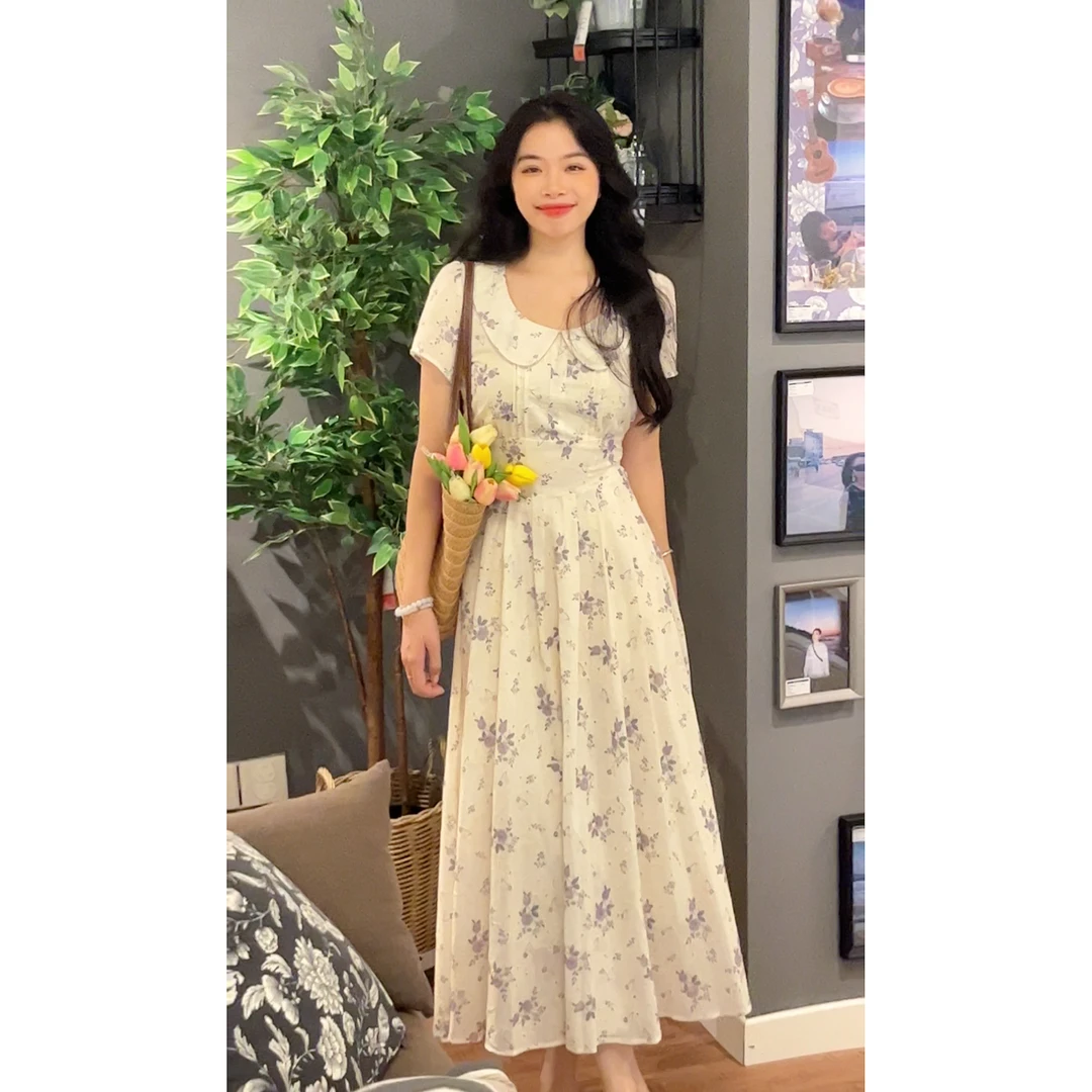 葱葱-少女信箱 夏季复古碎花中长款短袖女装连衣裙温柔设计感显瘦