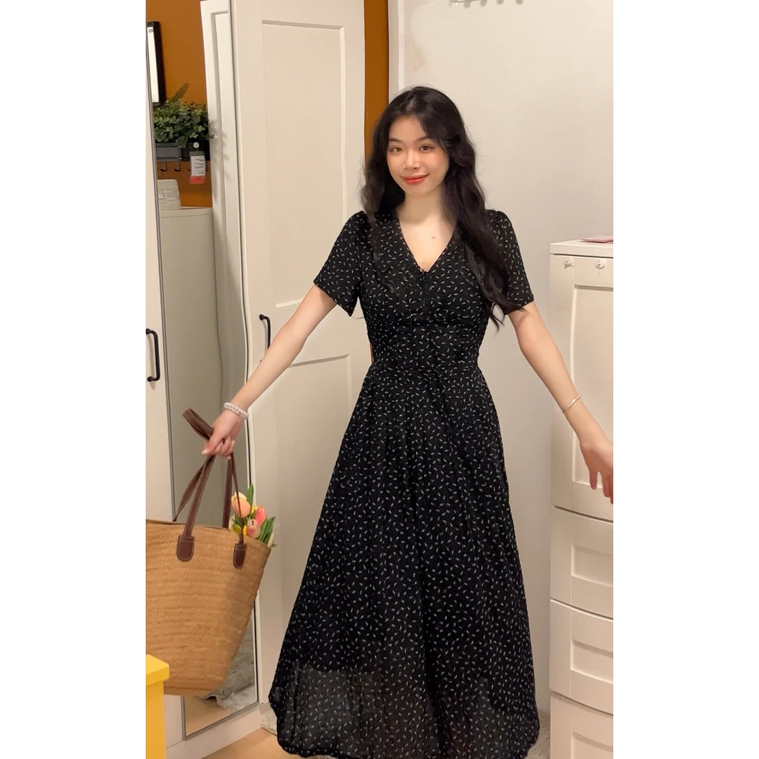 浓情摩卡 宽松连衣裙夏季复古中长款短袖女装连衣裙设计感显瘦