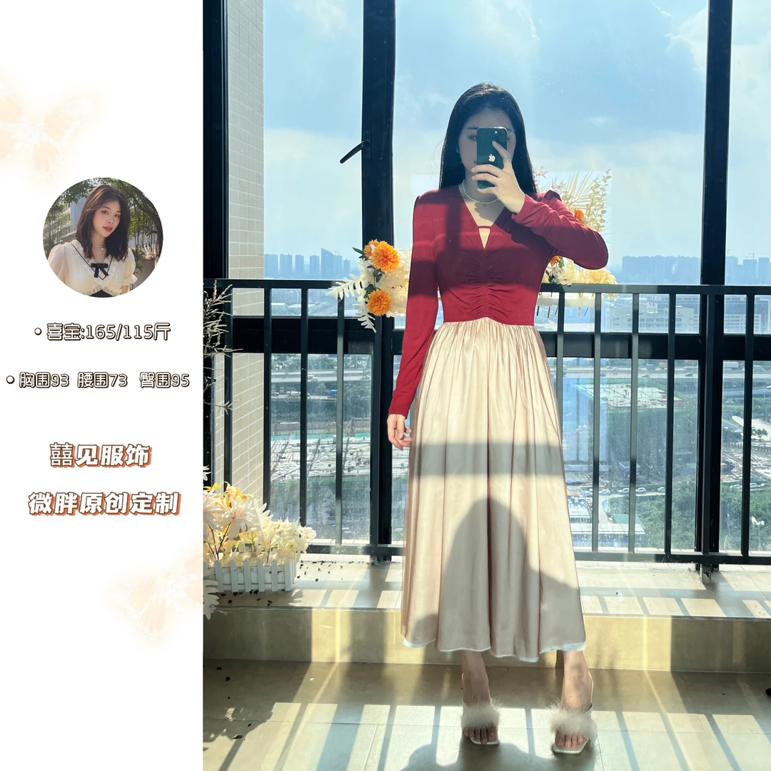 胡桃夹子 秋冬长袖红色网红拼接收腰气质百搭拼接修身高定款