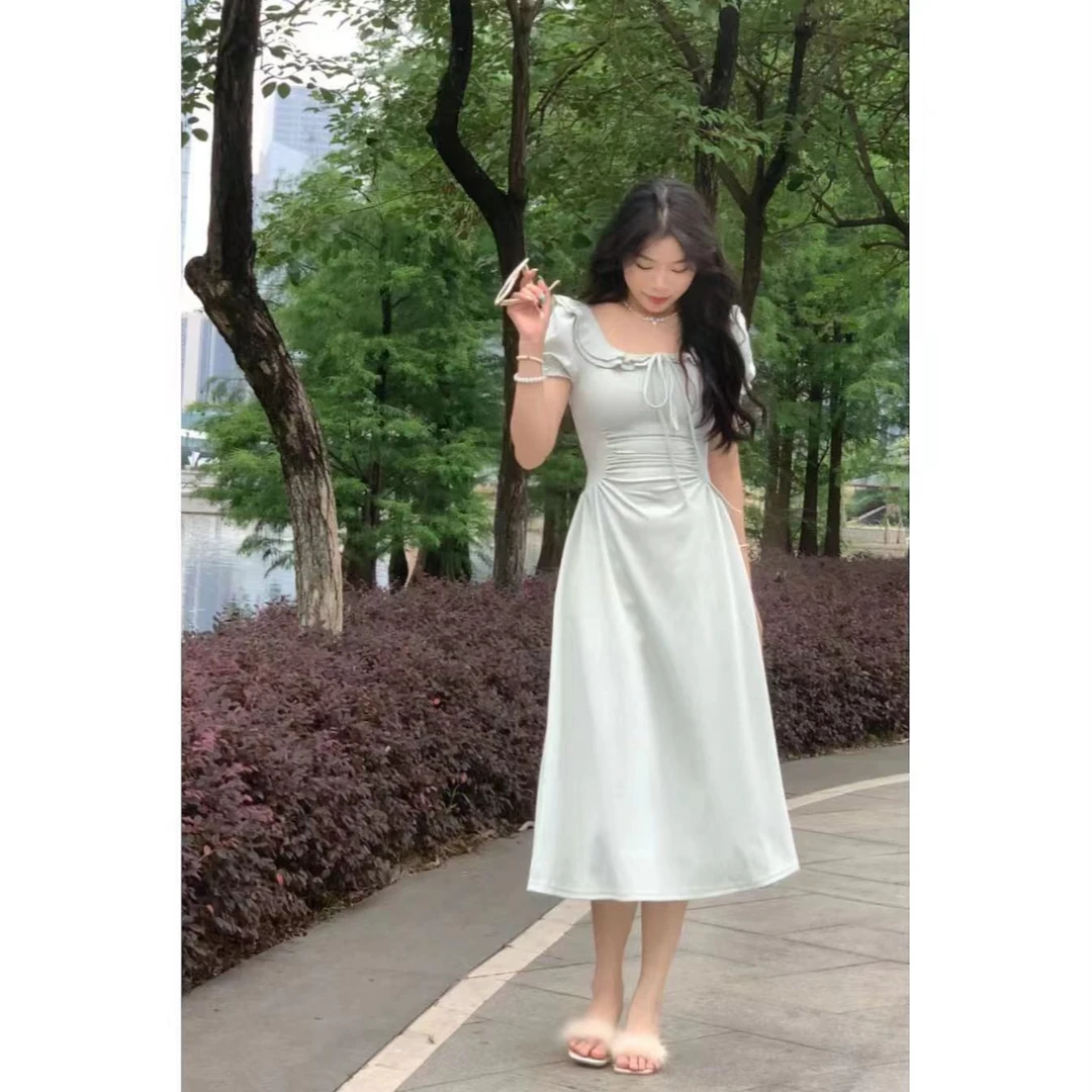 夏日舞曲 法式方领连衣裙夏季小个子小众设计感连衣裙温柔风修身