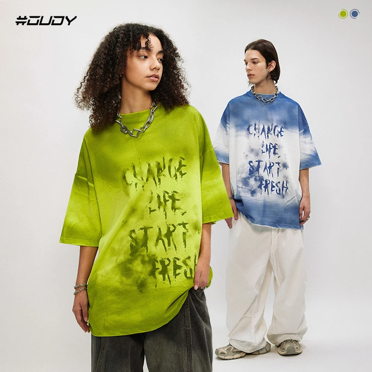 #OVDY美式街头短袖手工渐变喷绘设计情侣国潮ootd字母宽松T恤