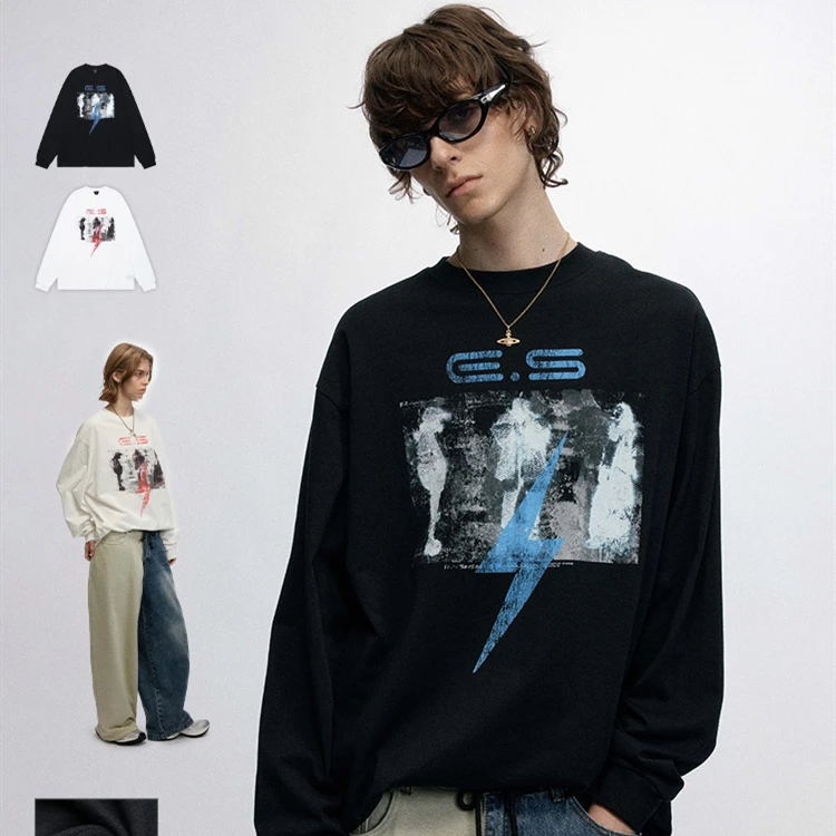 #OVDY 秋冬新款260g长袖街头字母印花休闲百搭小高领落肩长t恤