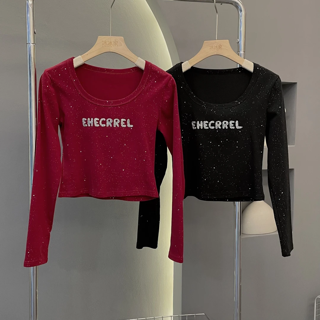 秋季新款长袖T恤修身辣妹短款烫钻内搭显瘦时尚打底衫903