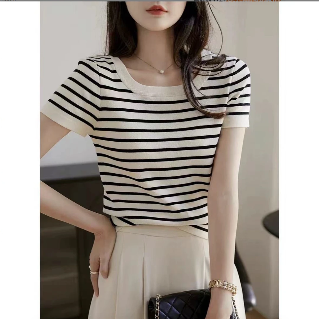 【叶子家】设计感法式U领显瘦百搭条纹针织衫正肩短袖短款弹力修身