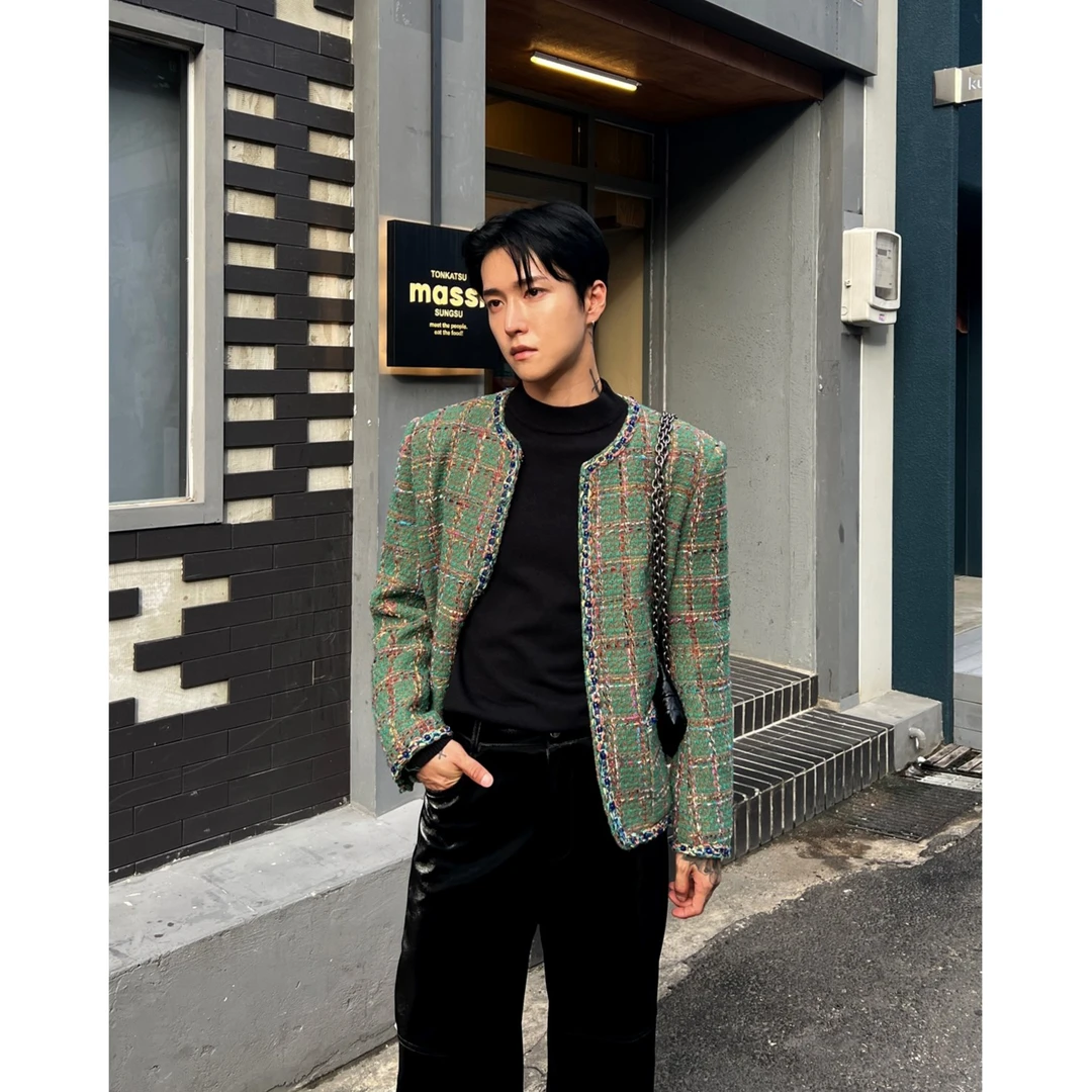 子上男装 秋冬季权志龙同款高级感复古编织绿色格子小香风外套男