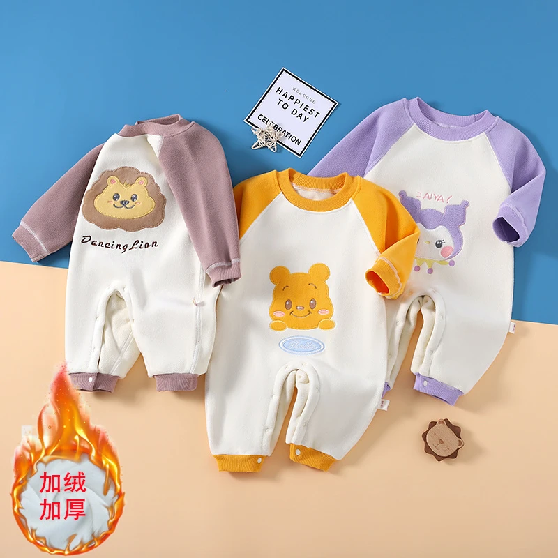 新生儿加厚外出服宝宝加绒哈衣双面一体绒连体衣秋冬季婴儿保暖