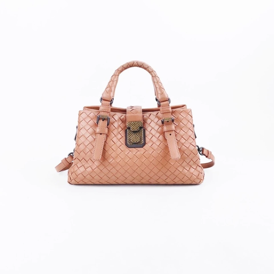 95新 BOTTEGA VENETA/葆蝶家 编织牛皮深肤色金扣手提包单肩包