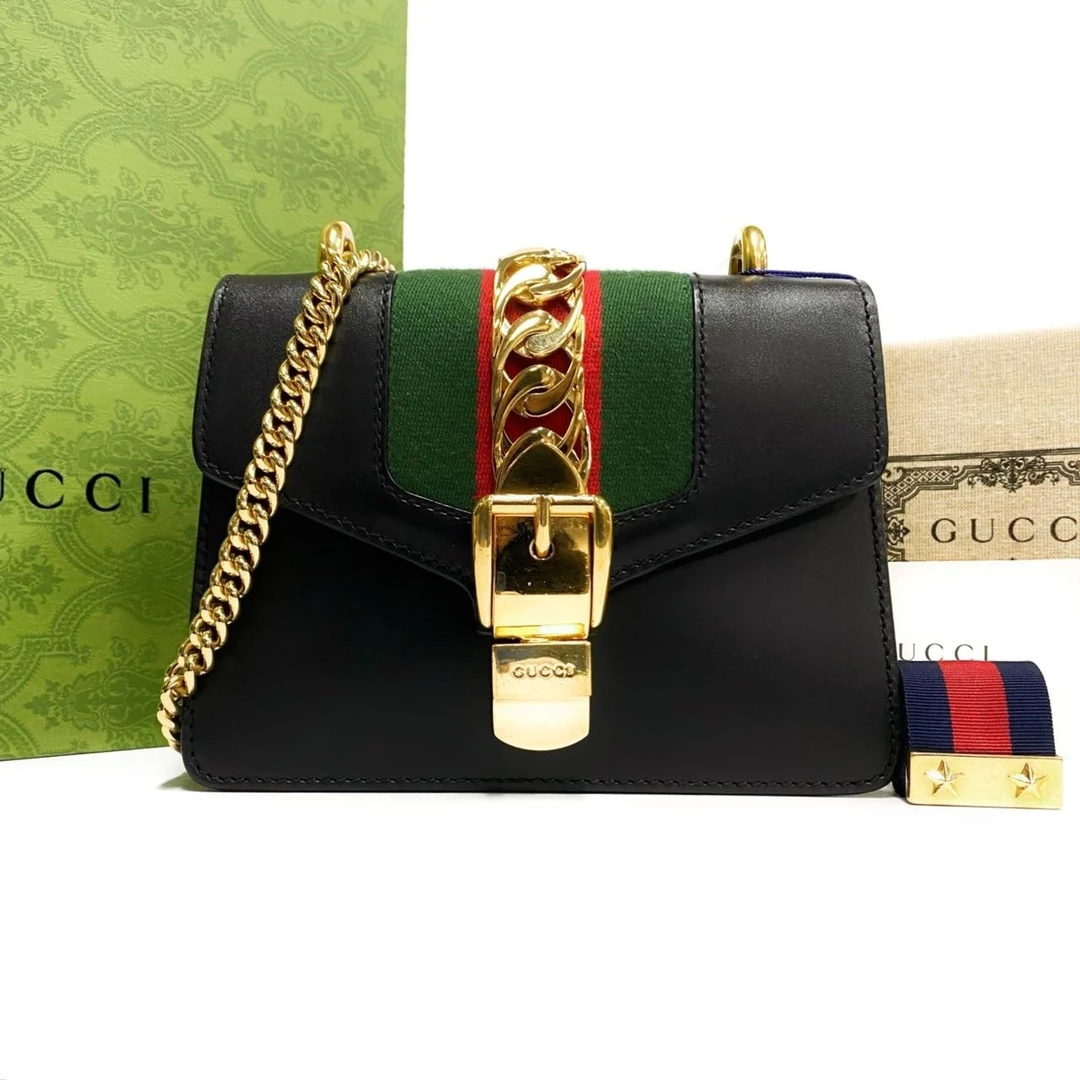 99新 GUCCI/古驰 黑色牛皮塞尔维亚链条包小号