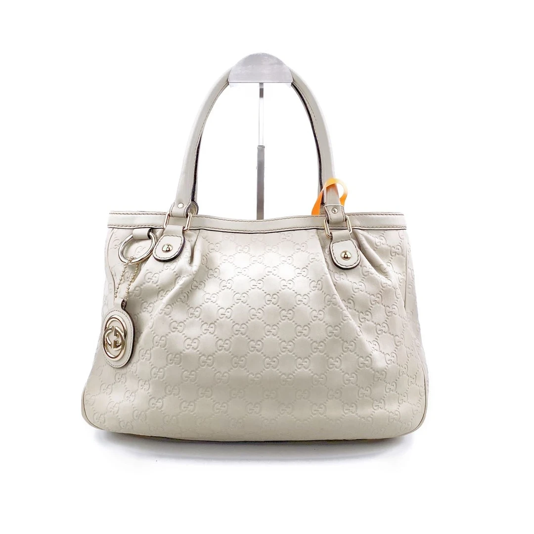 95新 GUCCI/古驰 老花压印牛皮白色手提包