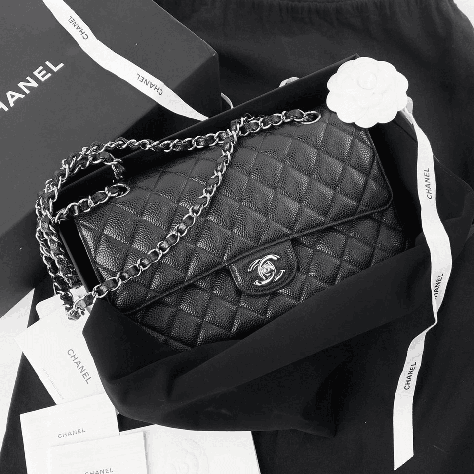 99新 Chanel/香奈儿 31开菱格荔枝纹黑色银扣cf链条包