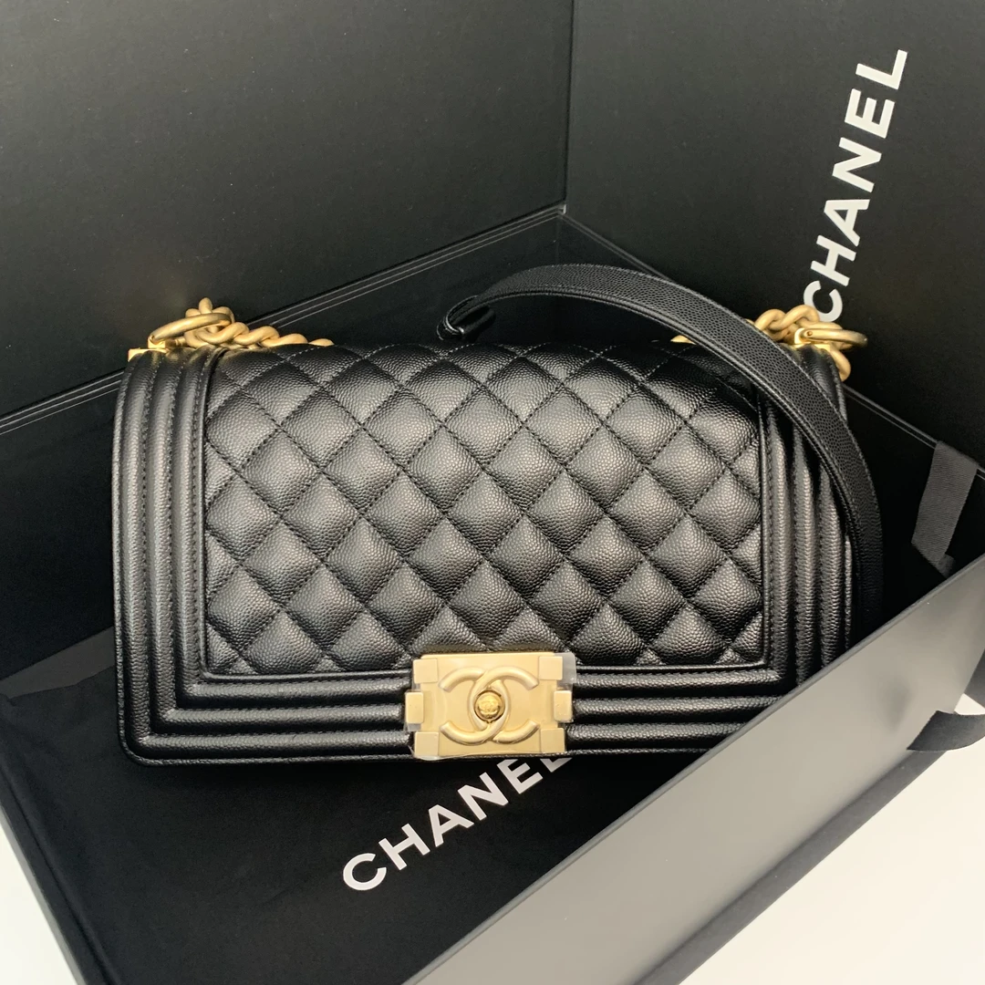全新未使用 Chanel/香奈儿 芯片款黑金荔枝纹牛皮leboy中号