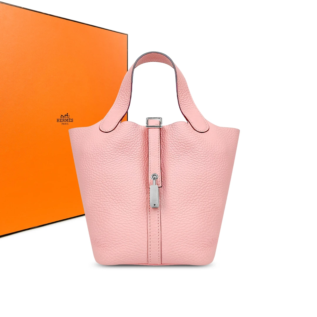 99新 Hermes/爱马仕 z刻3Q樱花粉银扣菜篮子18 Tc皮