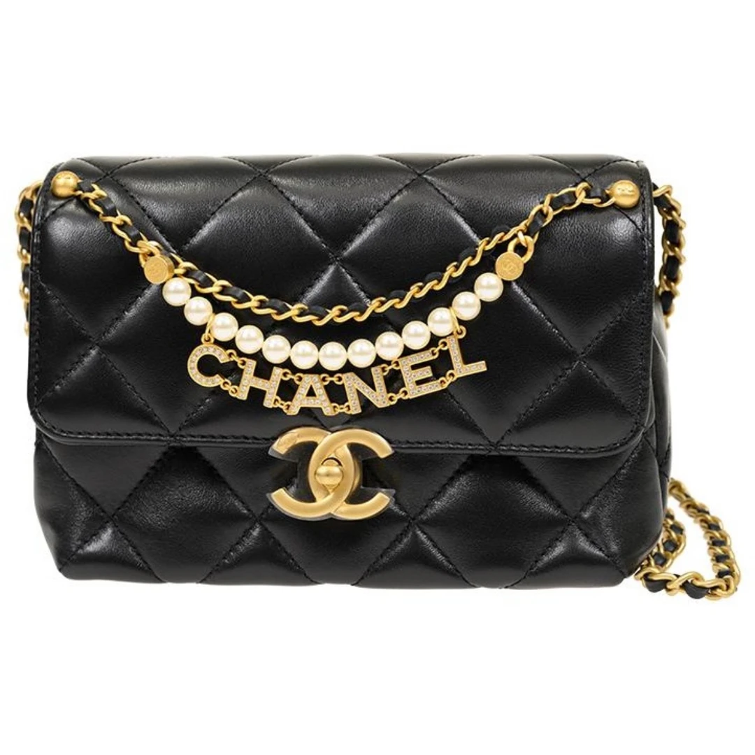 全新未使用 Chanel/香奈儿 24A菱格纹黑金珍珠小羊皮镶钻logo手袋