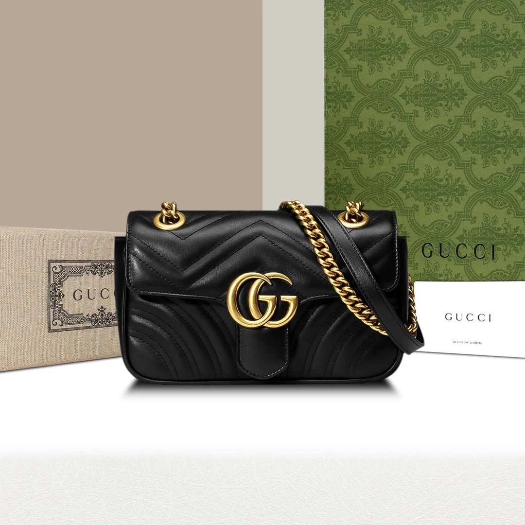 95新 GUCCI/古驰 黑金双G Marmont链条包22